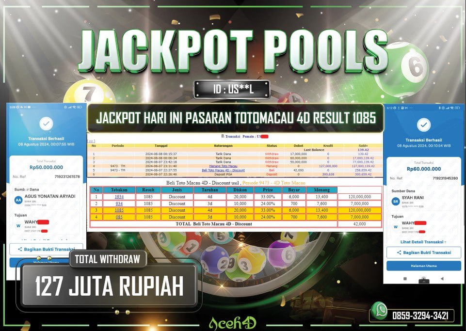 JACKPOT TOGEL DARI MEMBER SETIA ACEH4D HARI INI 08/08/2024 💸💸