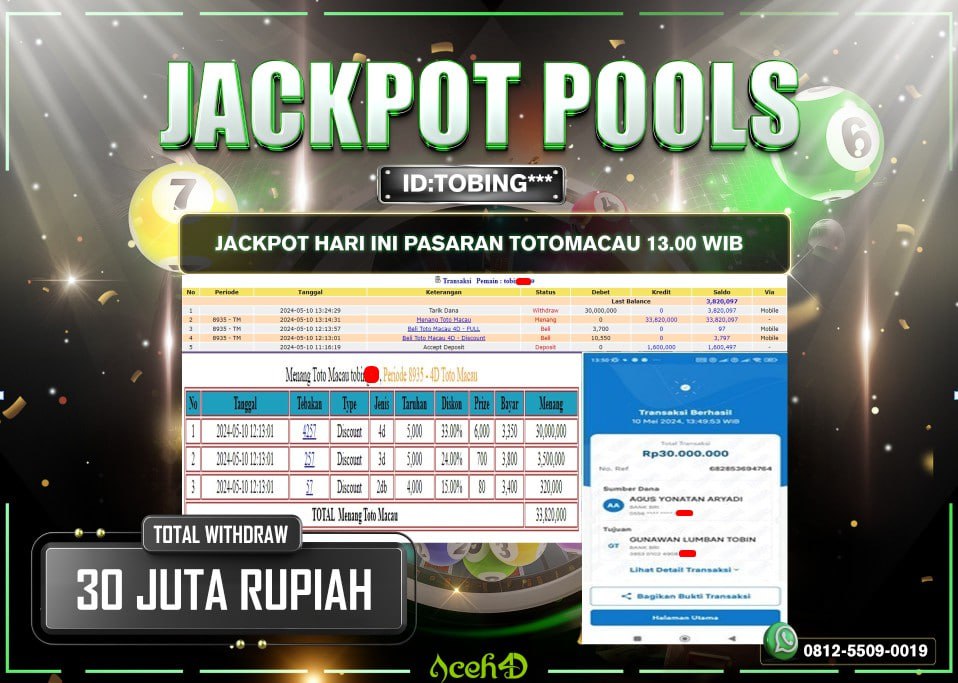 JACKPOT PASARAN TOTOMACAU 13.00 WIB DARI MEMBER SETIA ACEH4D HARI INI 10/05/2024 💸💸