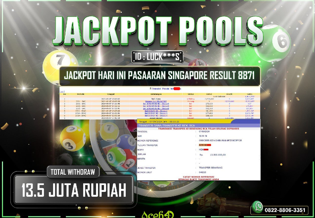 JACKPOT TOGEL SINGAPORE POOLS DARI MEMBER SETIA ACEH4D TGL 07/09/2024  💸💸