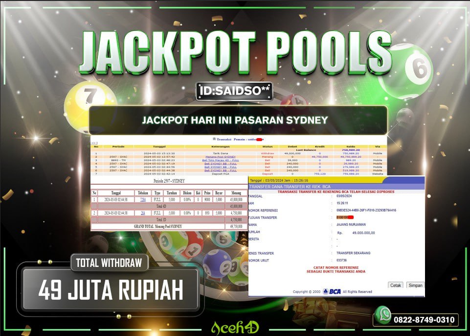 JACKPOT PASARAN SYDNEY DARI MEMBER SETIA ACEH4D HARI INI 03/05/2024 💸💸