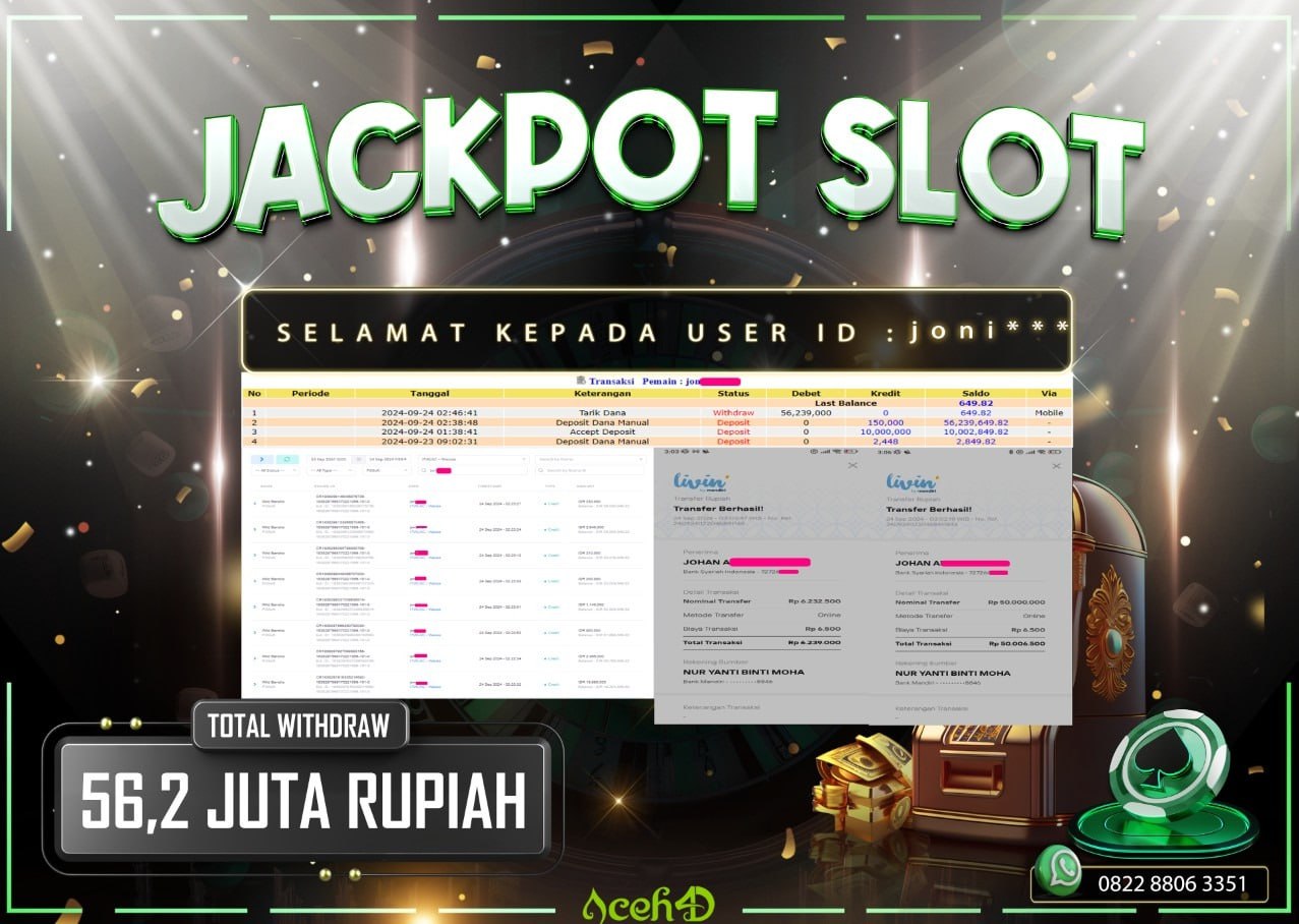 JACKPOT SLOT DARI MEMBER SETIA ACEH4D TGL 23/09/2024  💸💸