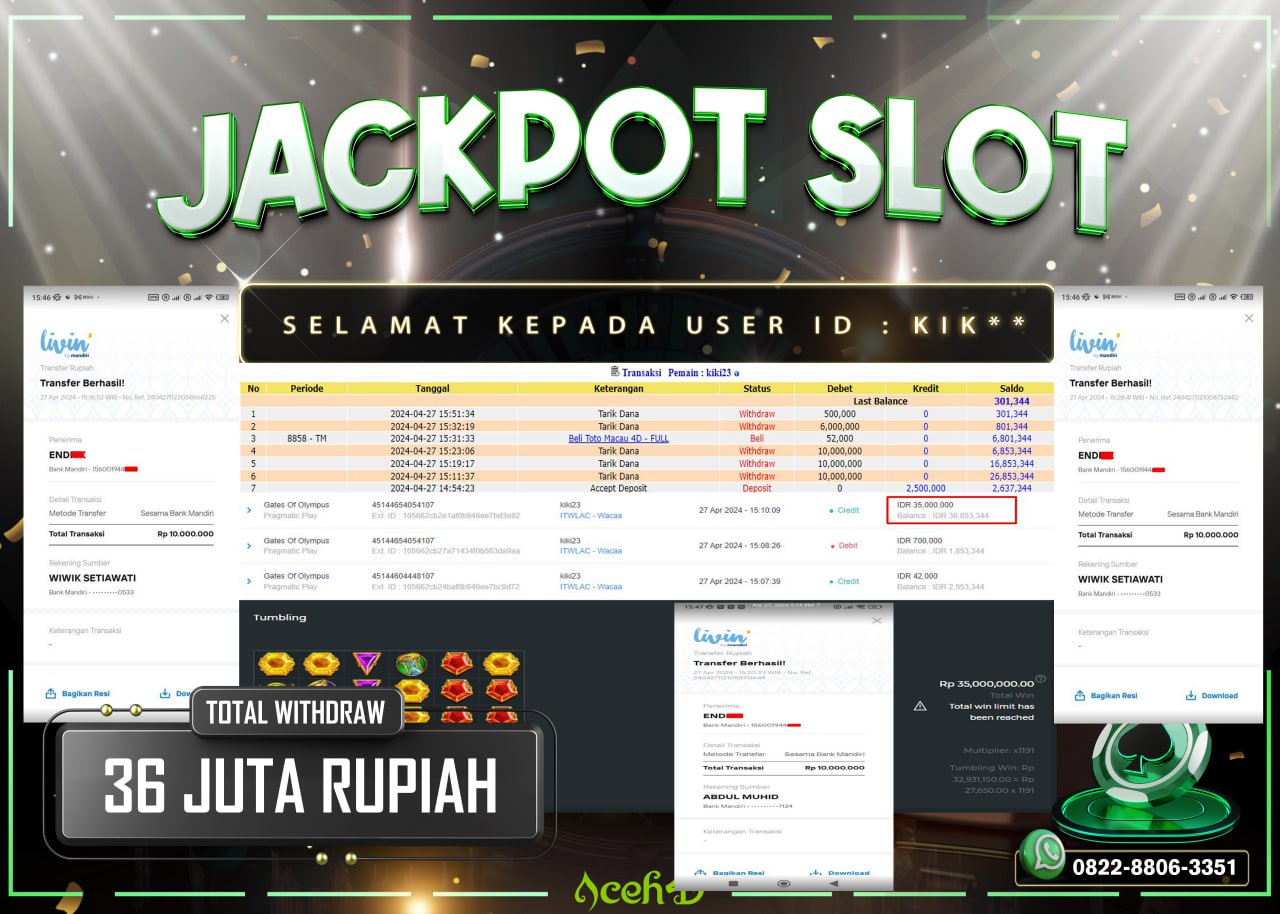 JACKPOT SLOT DARI MEMBER SETIA ACEH4D HARI INI 27/04/2024 💸💸