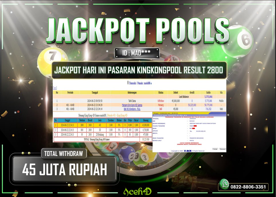 ACKPOT TOGEL KINGKONG POOLS DARI MEMBER SETIA ACEH4D TGL 22/06/2024  💸💸