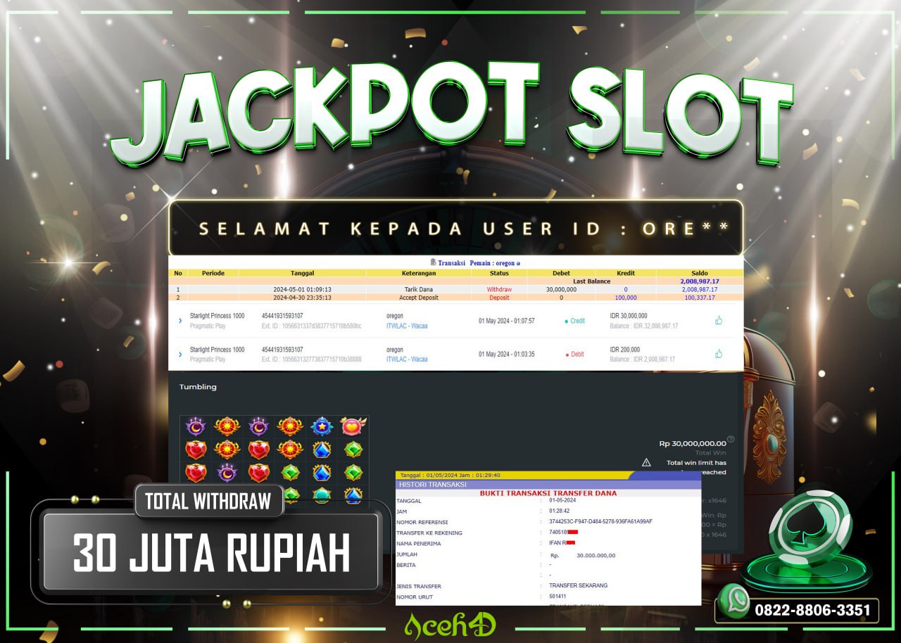 JACKPOT SLOT DARI MEMBER SETIA ACEH4D HARI INI 30/04/2024 💸💸