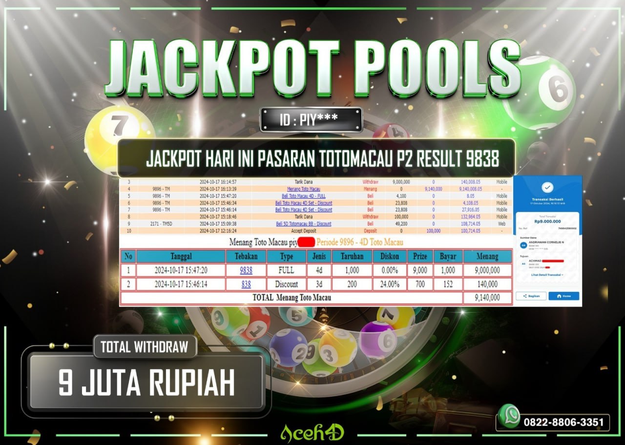 JACKPOT TOGEL TOTOMACAU P2 DARI MEMBER SETIA ACEH4D TGL 17/10/2024  💸💸