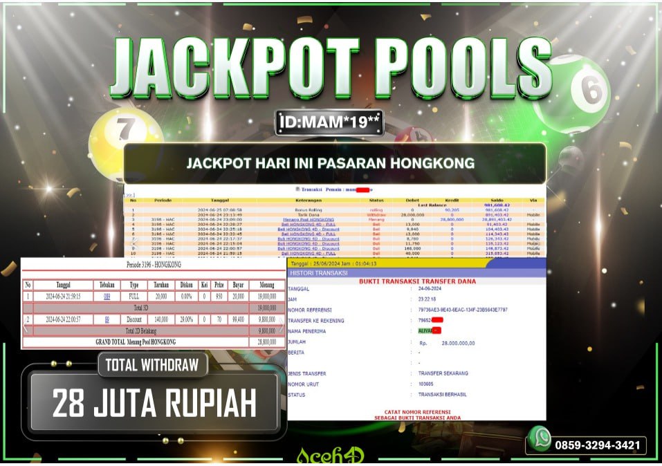 JACKPOT TOGEL DARI MEMBER SETIA ACEH4D HARI INI 24/06/2024 💸💸